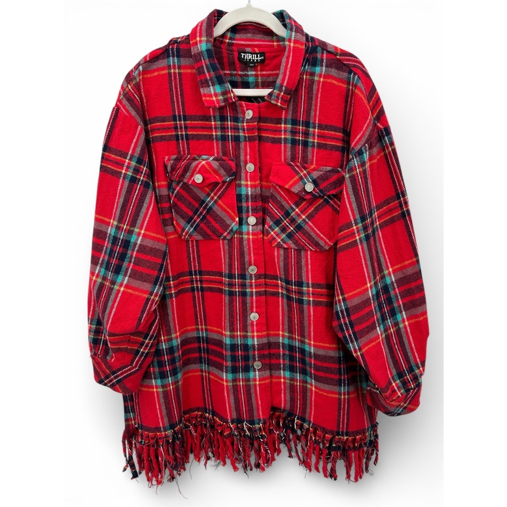 Thrill Jeans‎ Womens 3X Red Plaid Flannel Shacket Fringe Grunge Cotton Button